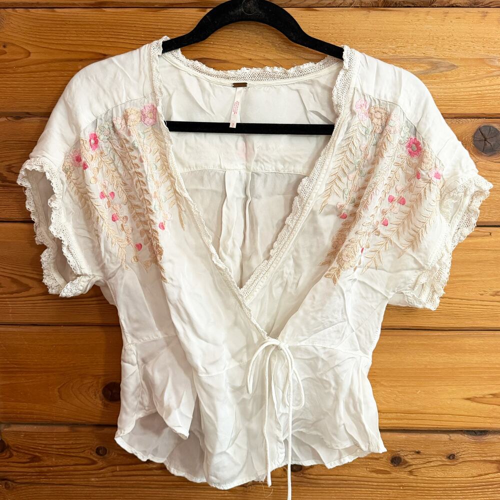 Free People Renee Embroidered Wrap Top Ivory Size Small